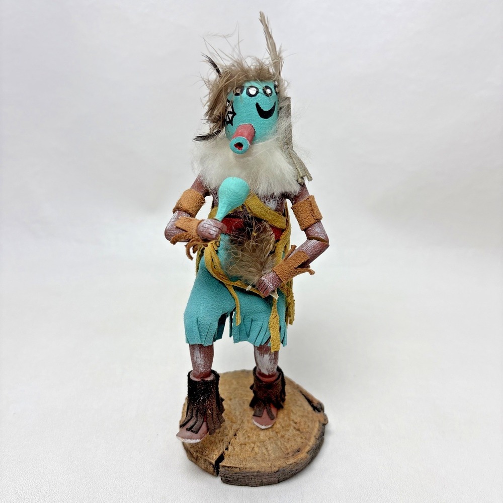 Vintage Hopi Dancer Kachina Signed Wooden Native American Folk Art Feather Fur